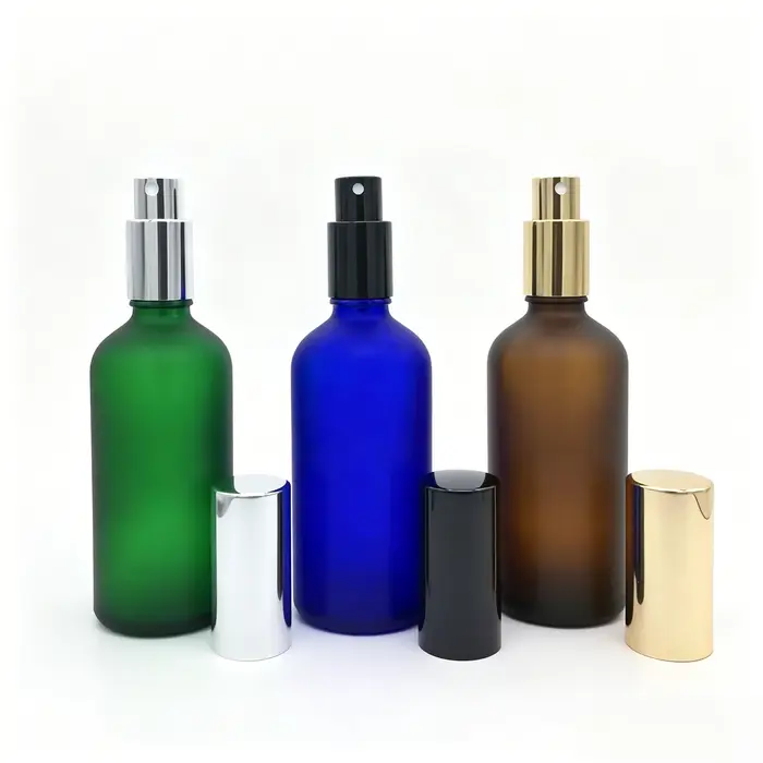 Bouteille de voyage 100ml, bouteille en verre dépoli Transparent ambre bleu vert avec pulvérisateur,