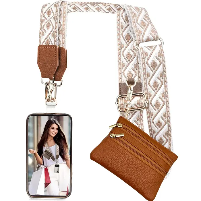 Sangle de téléphone réglable de style bohème avec sac portefeuille détachable pour femmes
