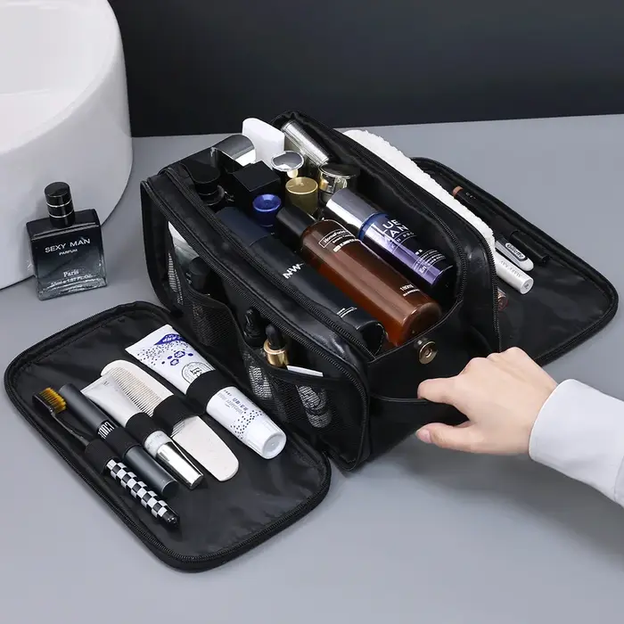Trousse de toilette de voyage en PU multi-poches pour femmes et hommes