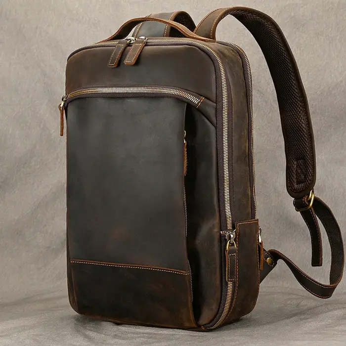Sac à dos de voyage vintage en cuir à double fermeture éclair pour homme, sacoche de voyage faite à