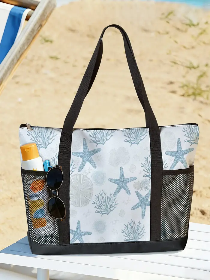 Grand sac de plage à imprimé corail et étoile de mer, avec poche latérale en maille, fermeture éclai
