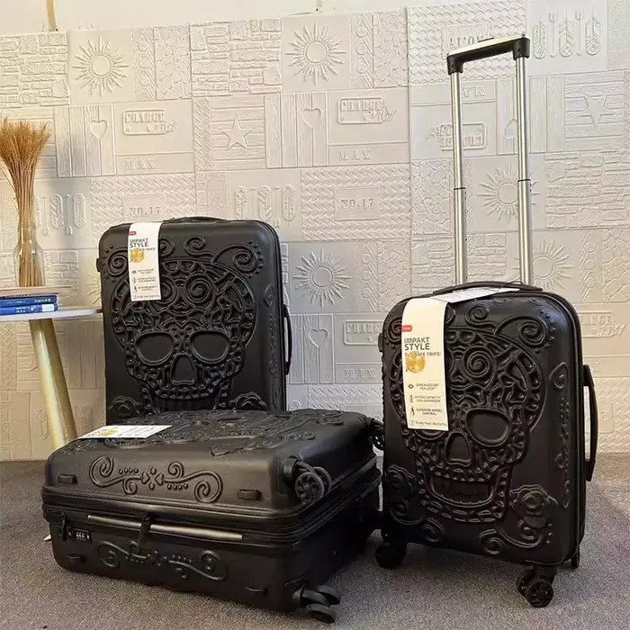 Valise 3D Crâne 20/24/28 pouces, Nouvelle Collection, Bagage Cabine à Roulettes, Lot de 3 Valises, Valise Trolley avec Serrure Douanière TSA
