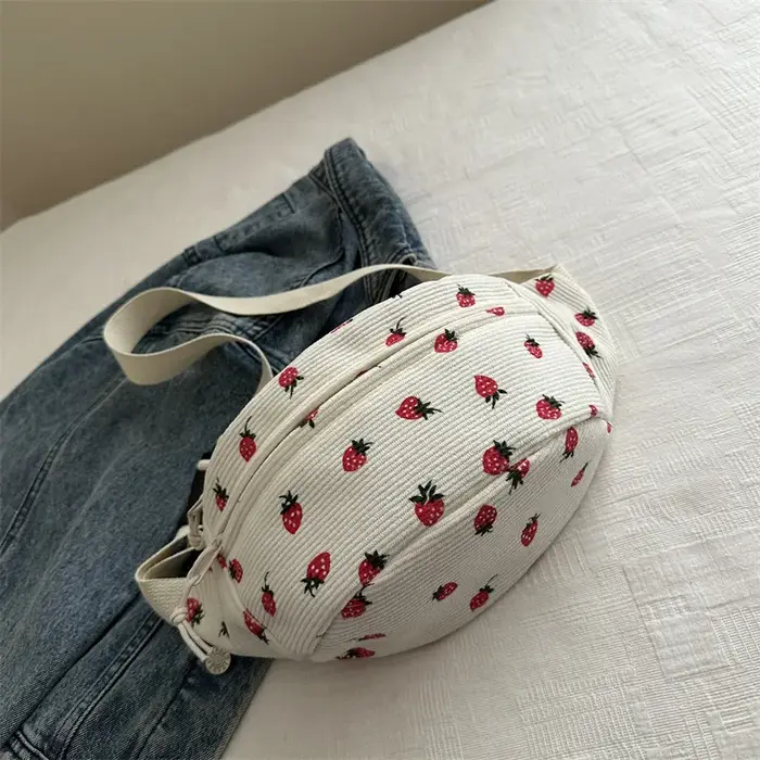 Sac de taille femmes hommes velours côtelé Fanny Pack fraises poche mode poitrine sac à main sport voyage sac