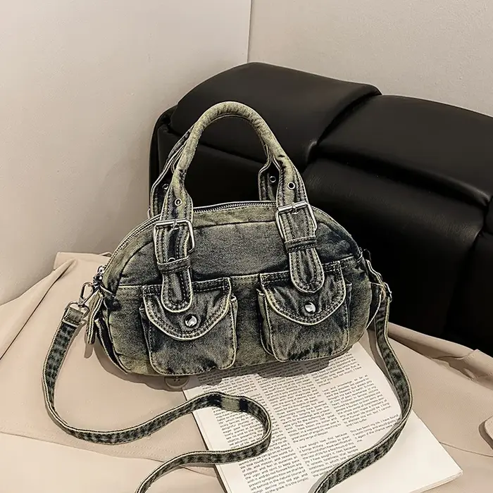 Nouveau sac bandoulière en jean délavé multi-poches, sac à main portable pour femme, sac décontracté