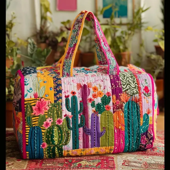 Sac de voyage matelassé imprimé 3D motif cactus floral