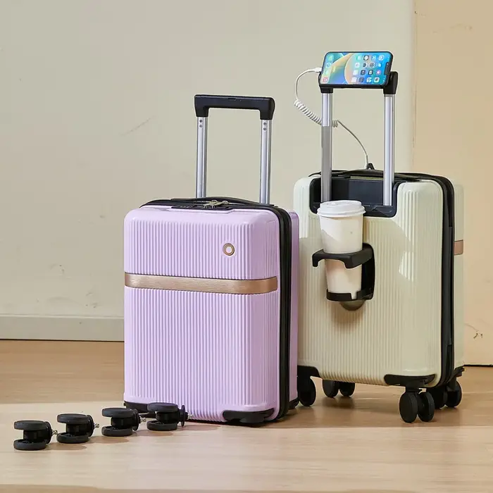 Nouveau bagage à main à la mode de 14 pouces avec taille de cabine, étui d'embarquement avec porte-gobelet/support pour téléphone portable/roues universelles amovibles/verrouillage par mot de passe/in